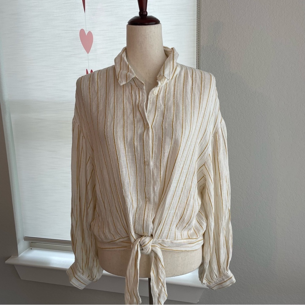 Anthropologie White and Gold Tailor Strip Button Down Long Sleeve Size 14 - Picture 2 of 15
